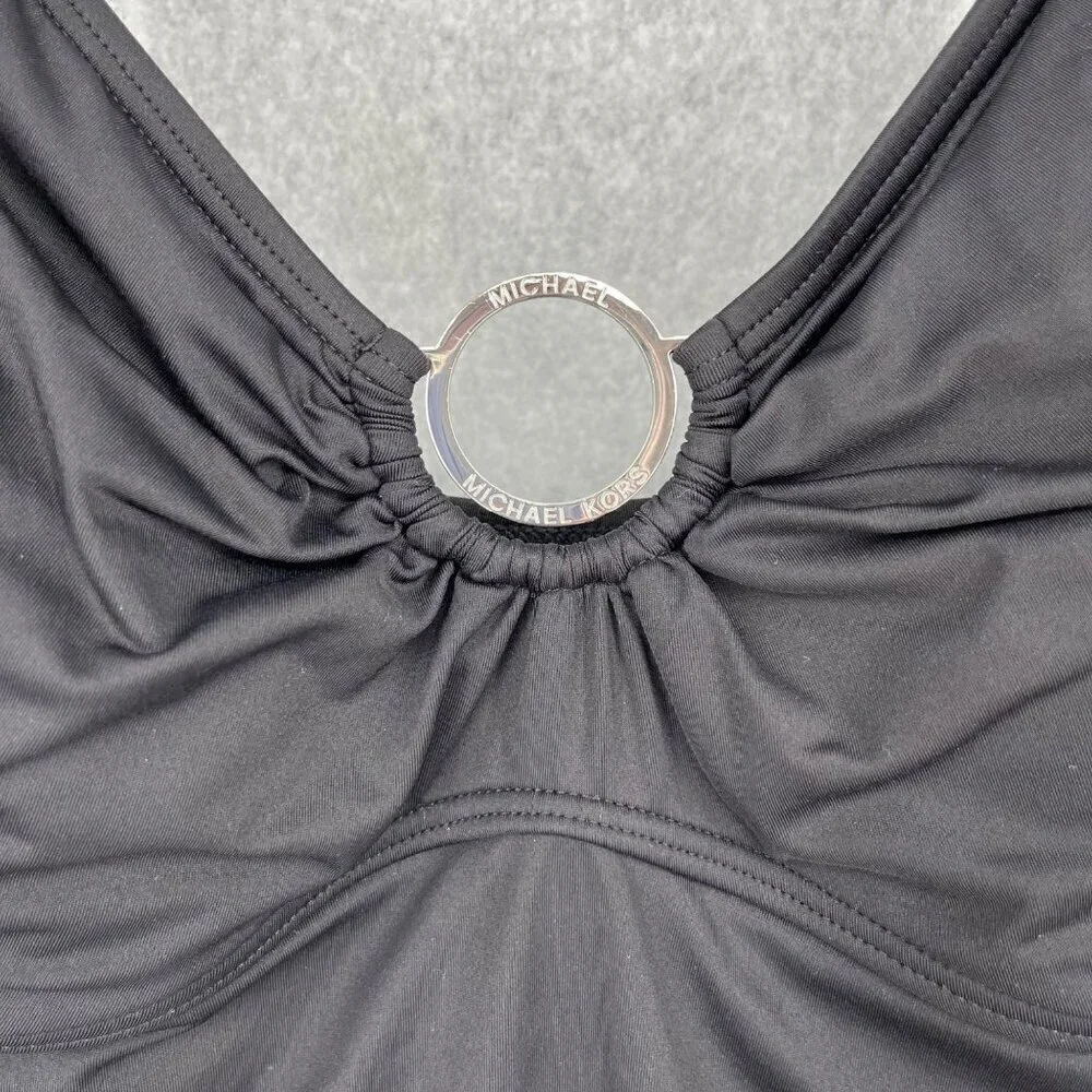 Michael Kors One Piece Swimsuit Size 10 Black Ruched Sides Adjustable Leg Logo